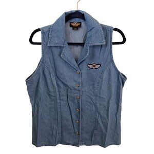 Harley Davidson Logo Denim Collared Button Front Vest Motorcycle Size XL